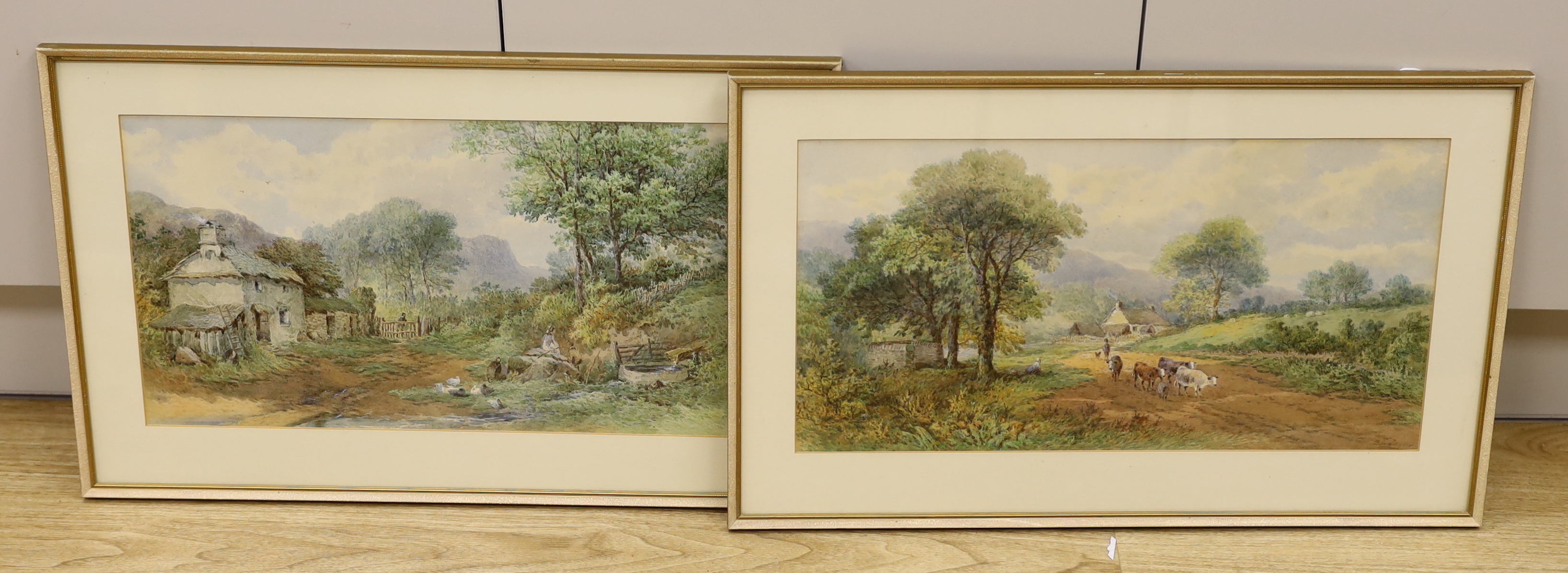 E. Taylor (19th. C), pair of watercolours, Rural landscapes with cattle and ducks, signed, 26 x 51cm